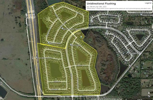 A smaller area of St. Cloud, along Espirit Lane north of Friar's Cove and east of Florida's Turnpike, are slated to see line flushing operations this week by Toho Water Authority. GRAPHIC/TOHO WATER