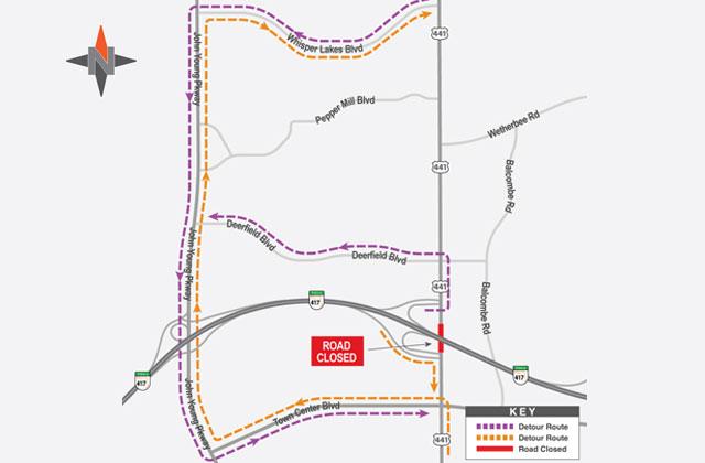 The detours Wednesday night around an Orange Blossom Trail closure for State Road 417 bridge work. GRAPHIC/CFX