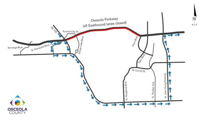 This Osceola County diagram shows the detour for eastbound Osceola Parkway around the Shingle Creek mainline toll plaza when it will be closed overnights from April 21-24.
