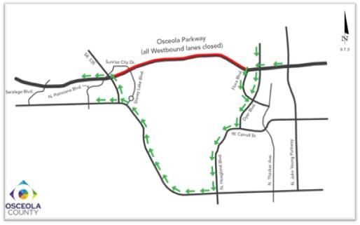 Here is the westbound detour for Osceola Parkway, using Dyer Boulevard, Hoagland Boulevard and U.S. 192 to Vineland or Poinciana Boulevard. GRAPHIC/OSCEOLA COUNTY