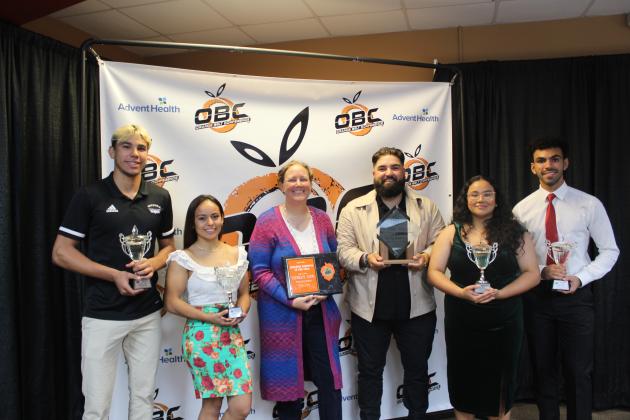 From left, Male Athlete of the Year Cooper Haase, Female Athlete of the Year Kealoni Vega, Poinciana's Tiffany King, the Athletic Director of the Year, Nikko Martell, the Mike Fields Distinguished Leadership Award winner, and Scholar Athletes of the year, Liberty's Jennifer Baez and Gateway's Felipe Abreu. PHOTO/KEN JACKSON