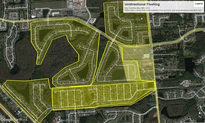 Toho Water Authority's line-flushing operations to maintain water clarity and quality will occur this week in an area bordered by Nolte Road on the north, Canoe Creek Road on the east and Old Canoe Creek on the west. GRAPHIC/TOHO WATER AUTHORITY