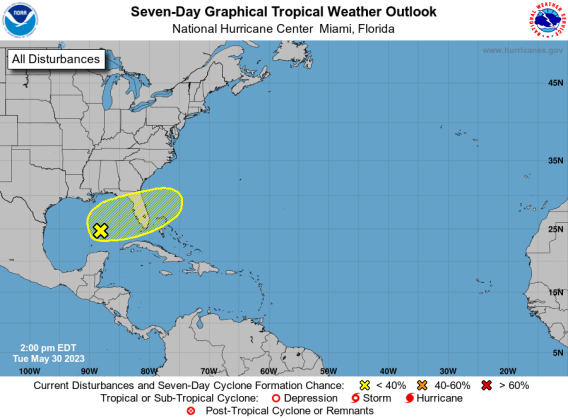 It's still May, and hurricane season starts in June, but the National Hurricane Center is already doing its thing with its online colors about a weather system in the Gulf of Mexico. GRAPHIC/NHC