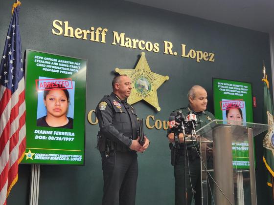 St. Cloud Police Chief Doug Goerke (left) and Osceola Sheriff Marcos Lopez discuss the arrest of Ferreira at a press conference Wednesday. PHOTO/KEN JACKSON