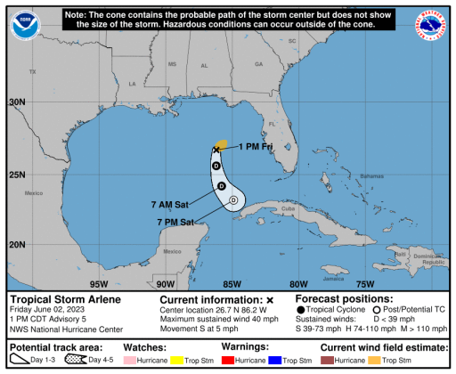 Arlene won't bother Osceola County and won't last long. It's interesting because it formed just as the Atlantic hurricane season started. GRAPHIC/NHC