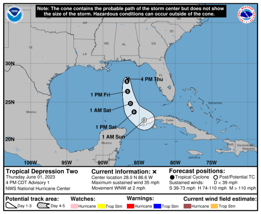 Tropical Depression 2 is expected to move south toward Cuba by Sunday, and contribute to potentially wet weather here in Osceola County. GRAPHIC/NHC