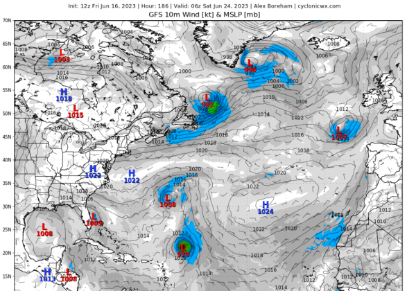The GFS storm forecast model for June 23 shows the wave now near Africa as a moderate hurricane in the Atlantic -- and note the low-pressure system near Florida. CYCLONICWX