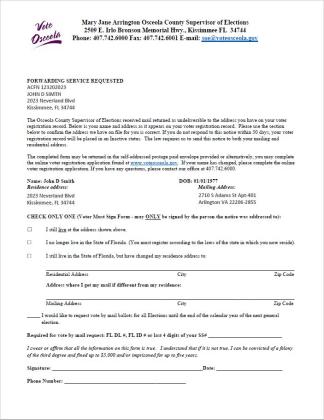 This is the letter being sent by the Supervisor of Elections to voters who have shown no activity for two election cycles. PHOTO/SUPERVISOR OF ELECTIONS