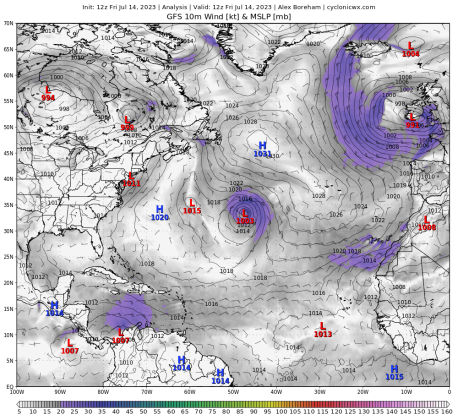 The GFS model of the Atlantic ocean shows Subtropical Storm Don spinning in the central Atlantic. It's the only significant development expected in the basin for at least the next week or so. GRAPHIC/cyclonicwx.com