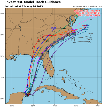 Computer models -- the National Hurricane Center hasn't even began issuing advisories yet -- forecast what is currently Invest 93L to be near Florida's Big Bend or Panhandle by Wednesday.