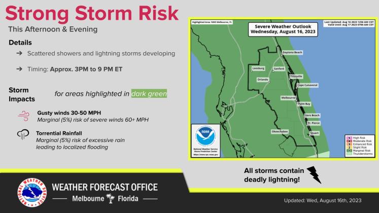 The National Weather Service in Melbourne has has placed our area in a Marginal risk for strong to severe storms this afternoon. GRAPHIC/NWS