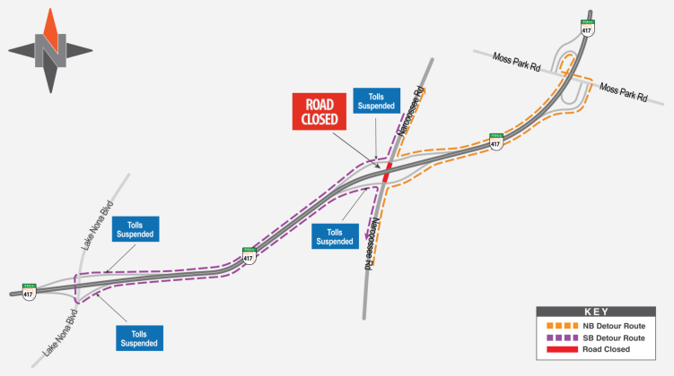 If you're using Narcoossee Road to go north overnight this week, you'll need to jump on 417 to Moss Park Road and back to Narcoossee to get around a detour. GRAPHIC/CFX