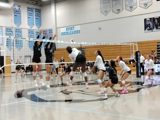 : Osceola’s Jordin Southhall (7) spikes the ball against Hagerty. Southall, a sophomore, recorded 22 kills for the Kowboys Monday.