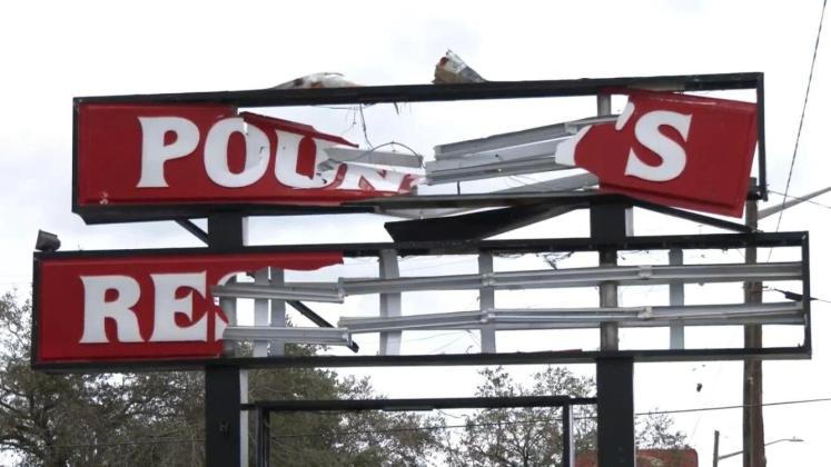 Hurricane Idalia destroyed the sign at Pouncey's Restaurant in Perry.  MIKE EXLINE/NEWS SERVICE OF FLORIDA
