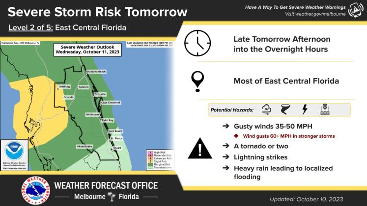The National Weather Service in Melbourne has noted a risk of strong to severe storms early Wednesday evening into Thursday due to a low pressure system moving in from the Gulf of Mexico. GRAPHIC/NWS MELBOURNE