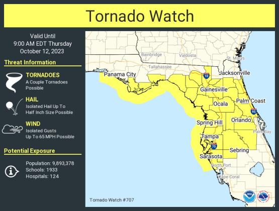 Osceola County is part of a Tornado Watch that covers all of Central Florida (minus Brevard County) until 9 a.m.