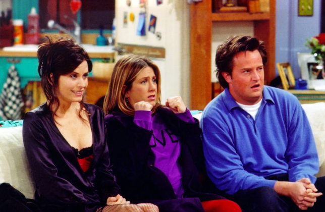 Matthew Perry (right), shown with 'Friends' co-stars Courtney Cox and Jennifer Anniston, was reportedly found deceased in his home jacuzzi Saturday. PHOTO/TMZ