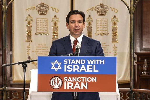 Appearing at a South Florida synagogue, Gov. Ron DeSantis said he will ask lawmakers during the 2024 legislative session to further block Iranian business ties in Florida. PHOTO/FLORIDA'S VOICE