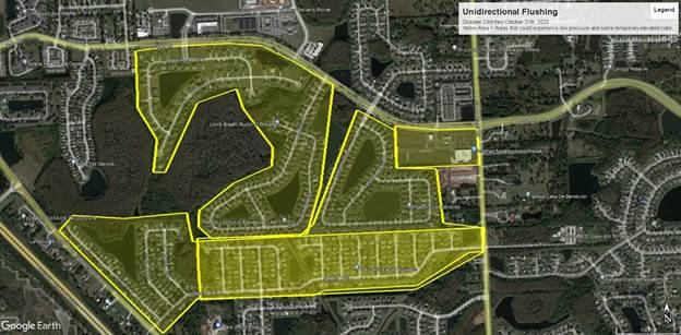 Toho Water Authority is slated to flush water lines on the south and west sides of Nolte Road and Canoe Creek Road. GRAPHIC/TOHO WATER