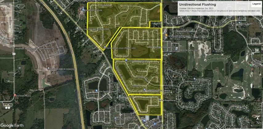 If you live or work between Canoe Creek and Old Canoe Creek roads south of Nolte Road, you are likely to experience a temporary drop in water pressure and discolored water from ongoing Toho Water Authority line flushing operations to improve quality.  GRAPHIC/TOHO WATER