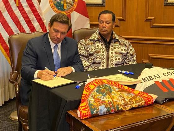 Gov. Ron DeSantis and Seminole Tribe of Florida Chairman Marcellus Osceola, Jr. reached a gambling deal in 2021.  NEWS SERVICE OF FLORIDA FILE PHOTO