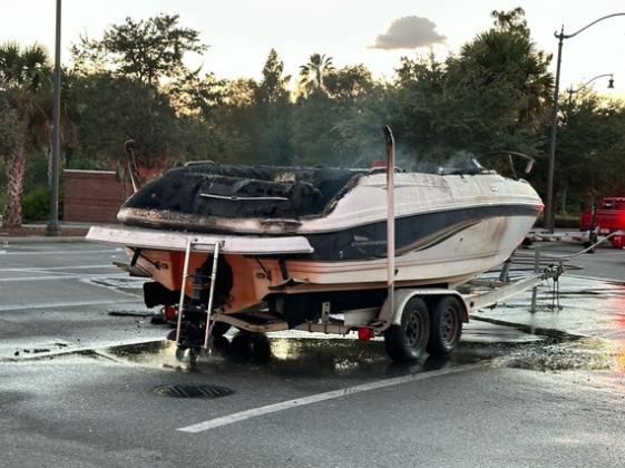 Four people were hurt when a boat they were working on in the Toho Marina parking lot caught fire Tuesday. PHOTO/CITY OF KISSIMMEE