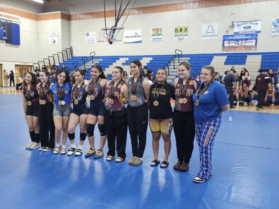 OBC Champions (Traditional) Left to Right: 101-Kiana Moran (Gateway), 110-Ashley Aun (St. Cloud), 119- Abriana Nunez (Harmony), 129-Rosimar Amurrio (Tohopekaliga), 139-Alexis Woodman (Tohopekaliga), 154-Belen Gonzalez (St. Cloud), 169-Morgan Pascual (Harmony), 183-Jaylonie Mejia (St. Cloud), 199-Reese Butler (St. Cloud), Unlimited-Kaytlyn Simpson (Harmony). Photo courtesy Cory Aun/St. Cloud High School.