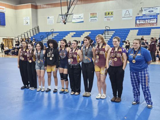 OBC Champions (Olympic): 101-Haley Wright (St. Cloud), 110-Ashley Aun (St. Cloud), 119 – Abriana Nunez (Harmony), 129-Sophia Recio (St. Cloud), 139- Alexa Woodman (Tohopekaliga), 154-Belen Gonzalez (St. Cloud), 169-Morgan Pascual (St. Cloud), 183-Morgan Van Auken (St. Cloud), 199-Reese Butler (St. Cloud), Unlimited-Kaytlyn Simpson (Harmony). Photo courtesy Cory Aun/St. Cloud High School.