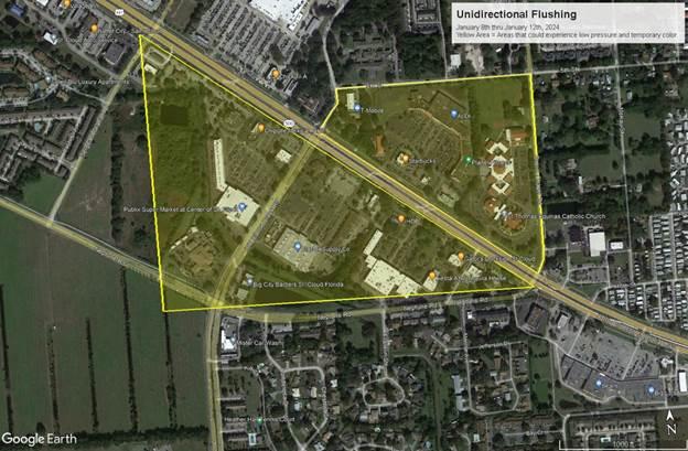 This week Toho Water will flush lines in the triangle formed by U.S. Highway 192, Neptune Road and Old Canoe Creek Road. GRAPHIC/TOHO WATER