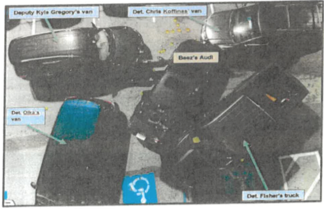 This image shows the final resting places of the vehicles after the attempted vehicle block of the black Audi involved in what became an Osceola County Sheriff's officer-involved fatal shooting in a Target Parking lot on U.S. 192 in Kissimmee on April 22, 2022. PHOTO/NINTH CIRCUIT STATE ATTORNEY'S OFFICE