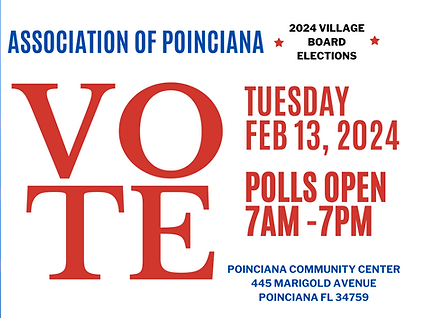 The APV 2024 elections for open seats on Village 1, 2, 3, 5, 6, 7 and 8 Boards takes place on Tuesday, Feb. 13 from 7 a.m. to 7 p.m. at the APV Community Center.