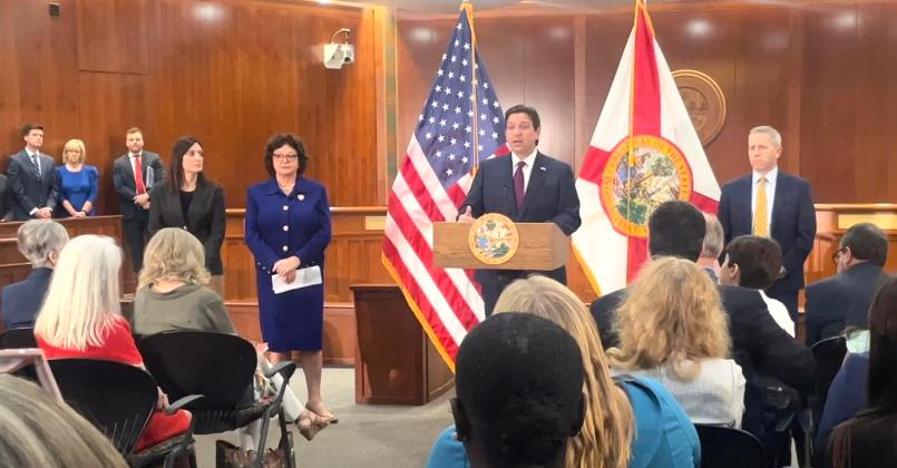 Gov. Ron DeSantis, Senate President Kathleen Passidomo and House Speaker Paul Renner discussed the 2024 legislative session Friday. PHOTO/MIKE EXLINE, NSF