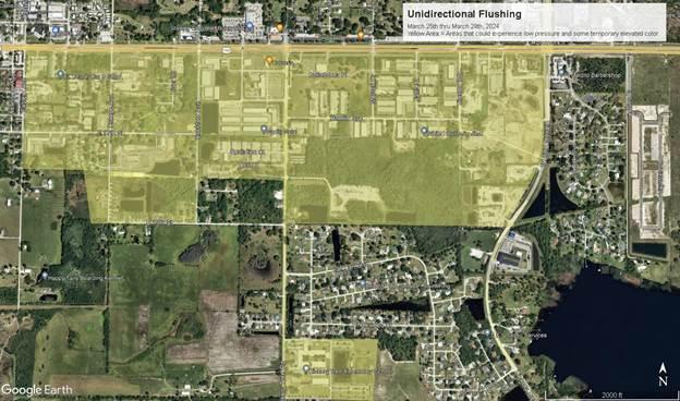 The blocks just south of 13th Steet (U.S. Highway 192), between Hickory Tree Road and Eastern Avenue, will see Toho Water Authority line flushing activity this week. GRAPHIC/TOHO WATER AUTHORITY