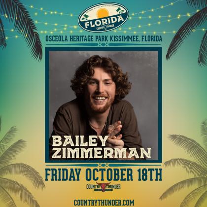 Bailey Zimmerman will headline the Friday Oct. 18 lineup at Country Thunder Florida. PHOTO/COUNTRY THUNDER