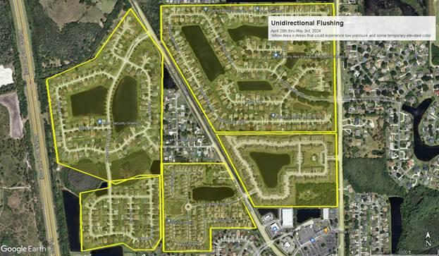 Areas just to the north and west of the intersection of Canoe Creek Road and Old Canoe Creek in and just south of St. Cloud will get this week's Toho Water Authority line flushing operations.  MAP/TOHO WATER AUTHORITY
