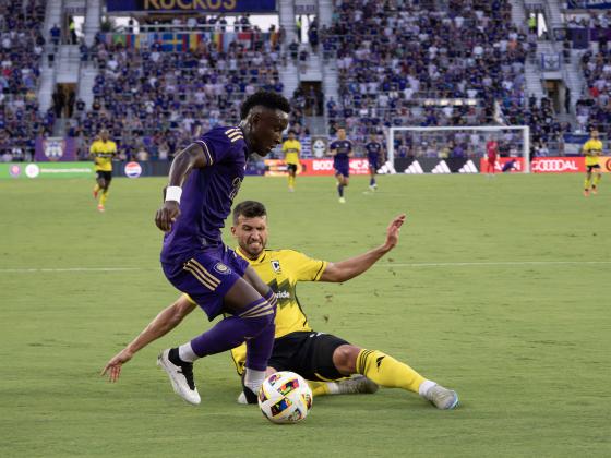 Orlando City's Ivan Angulo takes a challenge in Saturday night's 2-0 loss to the Columbus Crew at Inter&amp;Co Stadium. PHOTO/MARIO CASAMALHUAPA
