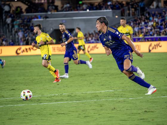 Rodrio Schlegel looks for a teammate to pass to in Saturday night's 2-0 loss to the Columbus Crew at Inter&amp;Co Stadium.PHOTO/MARIO CASAMALHUAPA