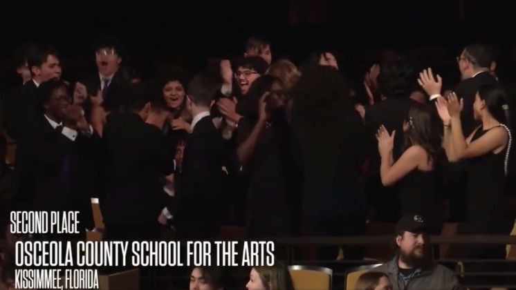 A jubilant Osceola County School for the Arts jazz band when announced as the second-place finisher in the Essentially Ellington jazz competition Saturday at The Lincoln Center in New York. PHOTO/OCSA
