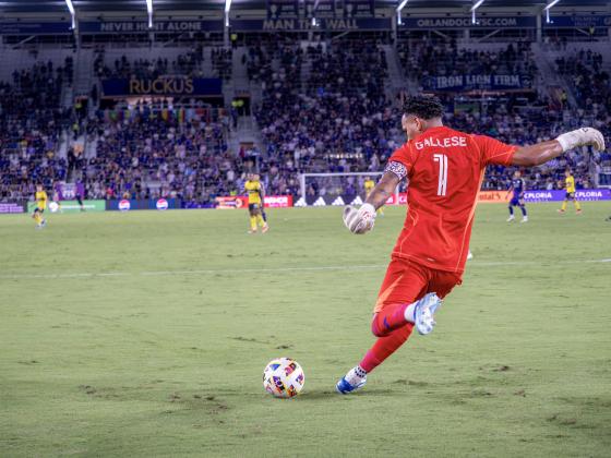 Orlando City goalie Pedro Gallese sends a kick downfield in Saturday night's 2-0 loss to the Columbus Crew at Inter&amp;Co Stadium. PHOTO/MARIO CASAMALHUAPA