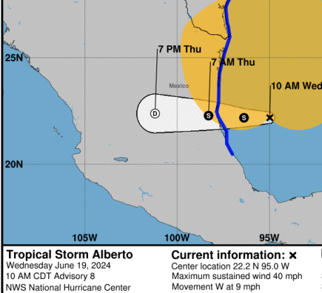 Tropical Storm Alberto became the first named storm of 2024 Wednesday. It's expected to hit central Mexico Thursday, although effect will be felt up into Texas. GRAPHIC/NATIONAL HURRICANE CENTER