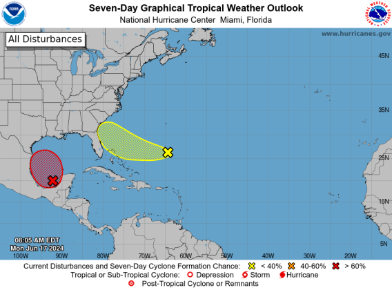 The NHC is watching two areas for potential development, including the western Atlantic just east of Florida, during this week. GRAPHIC/NATIONAL HURRICANE CENTER