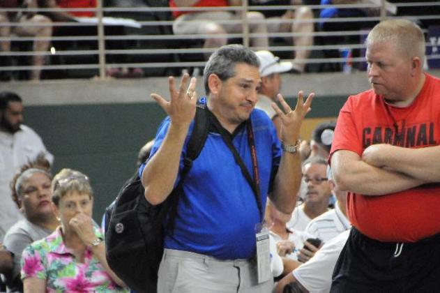 Ken Jackson speaking with local Trump supporter Steve Schwarze at Donald's rally in the Silver Spurs Arena during the 2016 election. Note the blue shirt at a "red" rally. SUBMITTED BY KEN JACKSON