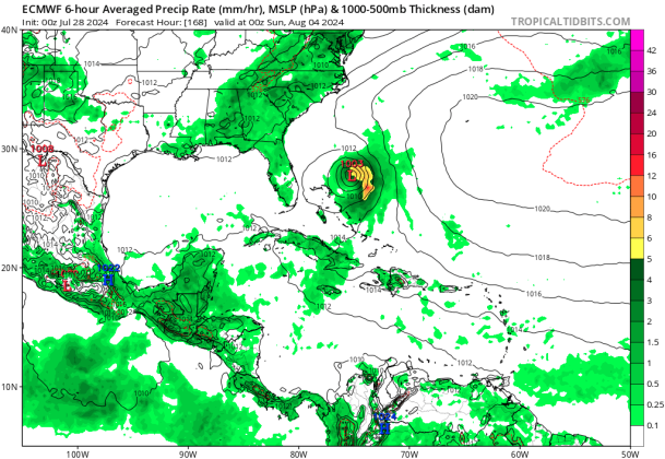 The ECMWF model shows the potential for a tropical storm to form in the Atlantic in a week's time, passing east of Florida. GRAPHIC/TROPICAL TIDBITS