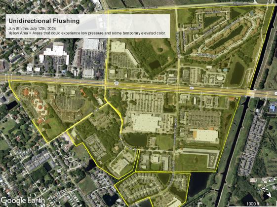 This Toho Water Authority map shows Brown Chapel Road, Commerce Center Drive, Old Canoe Creek and Neptune Road the boundaries for this week's line flushing operations.