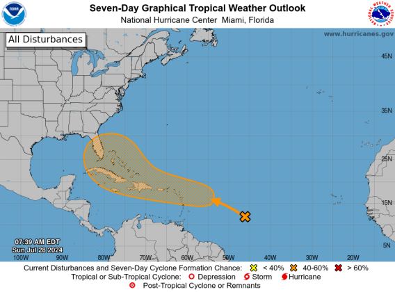 The National Hurricane Center is monitoring an Atlantic disturbance that may form into a tropical depression or storm that may get close to Florida. GRAPHIC/NHC