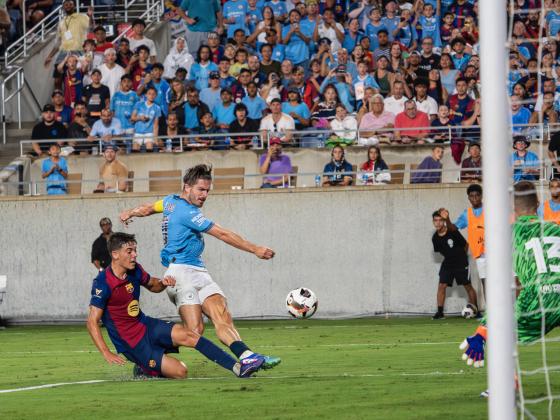Manchster City's Jack Grealish ties Barcelona with a 60th minute tally Tuesday. PHOTO/MARIO CASAMALHUAPA