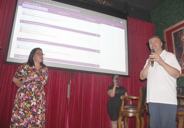 PHOTO/KEN JACKSON Kissimmee mayor candidate Jackie Espinosa and Seat 1 hopeful Noel Ortiz watch the election results roll in Tuesday night. Each heads to a Nov. 5 runoff.
