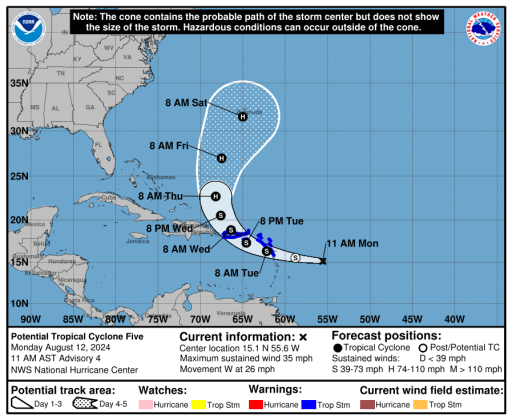 Soon-to-be Ernesto is expected to affect the northern Lesser Antilles, Puerto Rico and potentially Bermuda -- but not the Bahamas or U.S. Coast. GRAPHIC/NHC