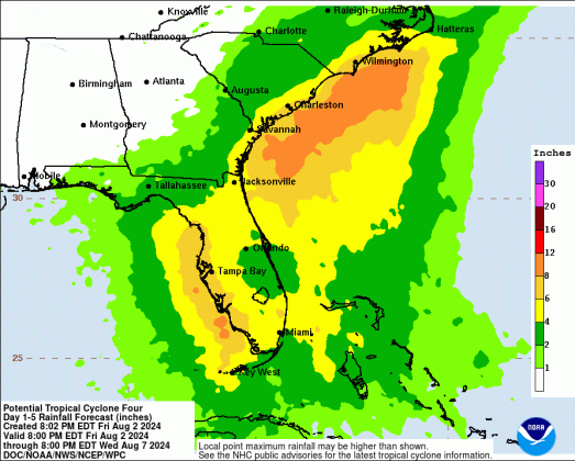 The National Hurricane Center projects Osceola County to receive 3-7 inches of rain through Monday, on the current path of projected movement. GRAPHIC/|NHC