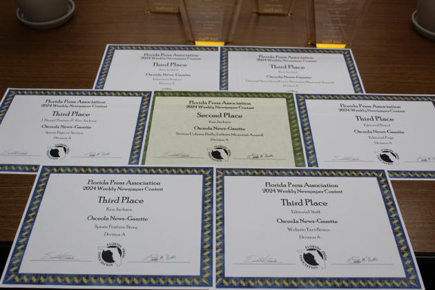 The Osceola News-Gazette earned seven state-wide awards at the annual Florida Press Association conference and Best Weekly Newspapers awards banquet.